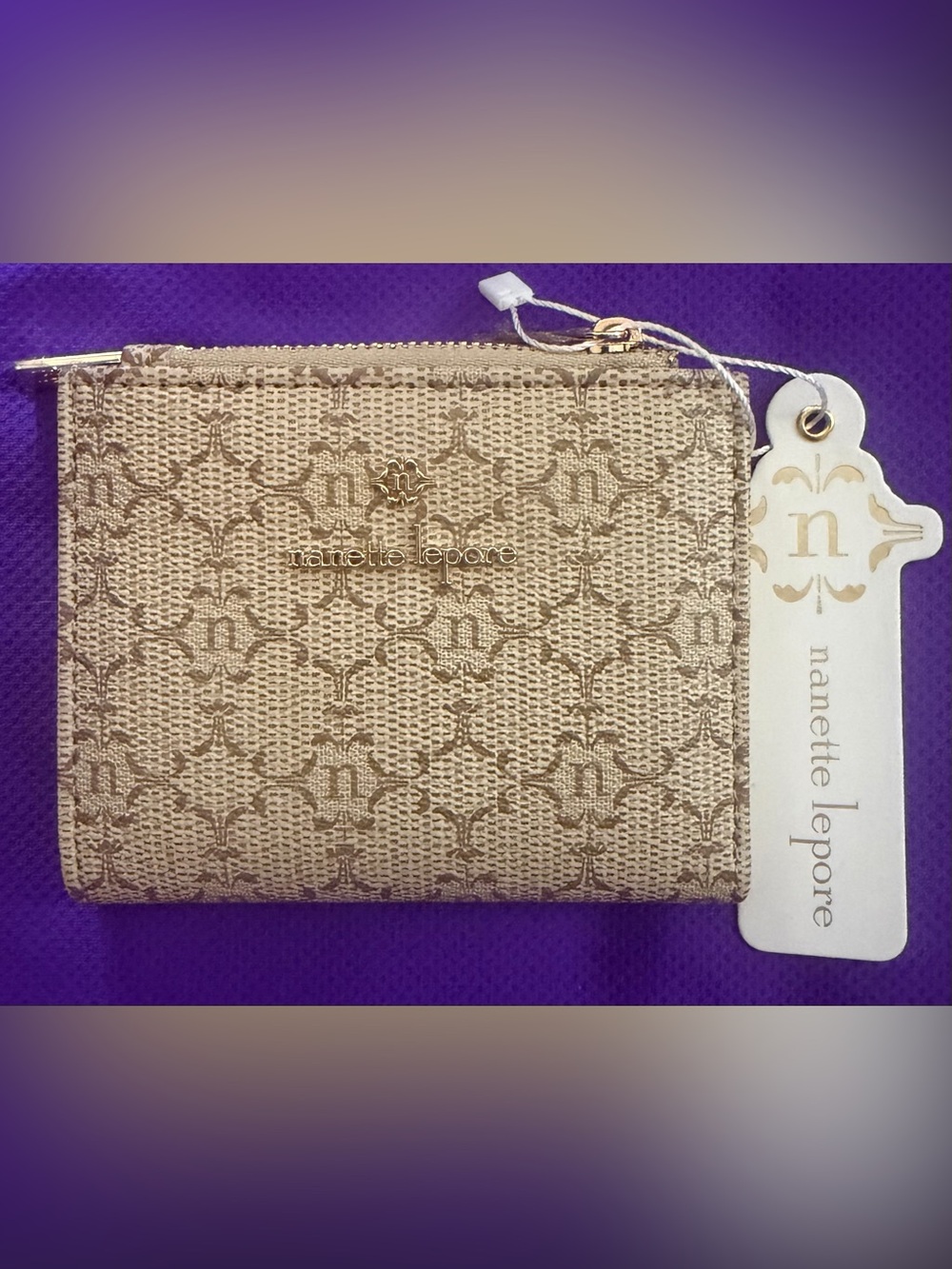 Nanette Lepore Metallic Gold Logo Zip Card Wallet